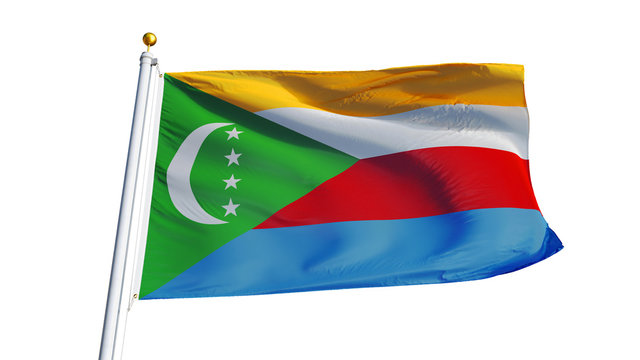 Comoros flag waving on white background, close up, isolated with clipping path mask alpha channel transparency - Powered by Adobe