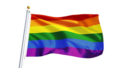 The gay pride rainbow flag waving on white background, close up, isolated with clipping path mask alpha channel transparency