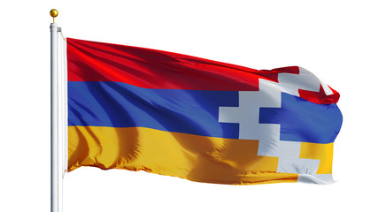 Fototapeta na wymiar Nagorno-Karabakh flag waving on white background, close up, isolated with clipping path mask alpha channel transparency