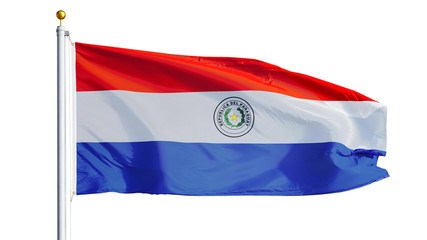 Paraguay flag waving on white background, close up, isolated with clipping path mask alpha channel transparency