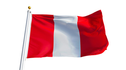 Fototapeta na wymiar Peru flag waving on white background, close up, isolated with clipping path mask alpha channel transparency