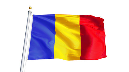 Romania flag waving on white background, close up, isolated with clipping path mask alpha channel transparency