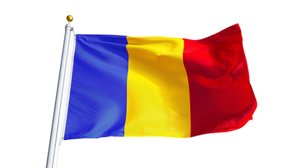 Romania flag waving on white background, close up, isolated with clipping path mask alpha channel transparency