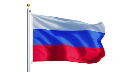 Fototapeta na wymiar Russia flag waving on white background, close up, isolated with clipping path mask alpha channel transparency