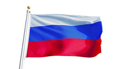 Fototapeta na wymiar Russia flag waving on white background, close up, isolated with clipping path mask alpha channel transparency