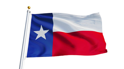 Fototapeta na wymiar Texas flag waving on white background, close up, isolated with clipping path mask alpha channel transparency