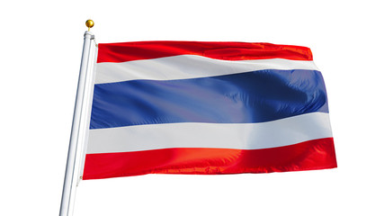 Fototapeta na wymiar Thailand flag waving on white background, close up, isolated with clipping path mask alpha channel transparency