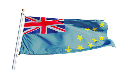 Tuvalu flag waving on white background, close up, isolated with clipping path mask alpha channel...