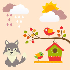 autumn birds on a branch and wolf