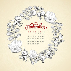 Calendar 2017. Vintage circle frame briar sketch template