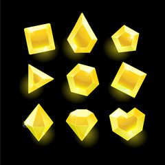 Set of cartoon yellow different shapes crystals