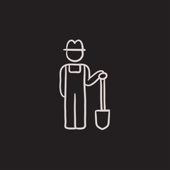 Farmer with shovel sketch icon.