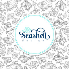 Sketch seashell card template background. Vector illustration for your design