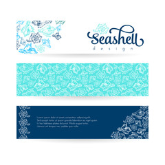 Fototapeta na wymiar Sketch seashell card template background. Vector illustration for your design