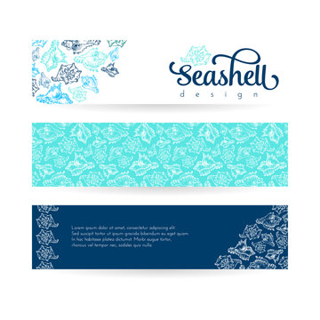 Sketch seashell card template background. Vector illustration for your design