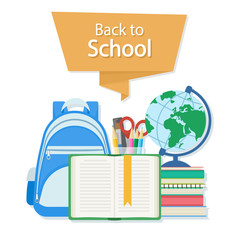 Back to school text on the orange banner. Open book with a bookmark and school supplies such as a backpack, textbooks, notebook, globe, stationery set. Flat Style Education Concept. Vector 