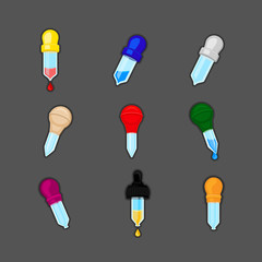 Pipette Icon. Set of different colors pipettes with blood, water or oil. Pipette vector design.