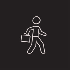 Businessman walking with briefcase sketch icon.