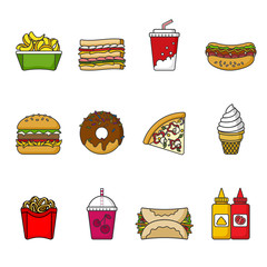 Set of fast food icons. Drinks, snacks and sweets. Colorful outlined icon collection. Vector illustration on white background.