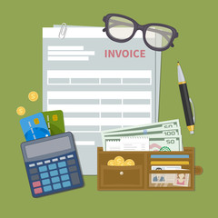 Paper document invoice form. Concept of invoice payment. Tax, receipt, bill. Wallet with cash money, golden coins, credit cards, calculator, pen, glasses. Vector illustration in flat style.