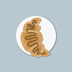 Ruddy croissant with chocolate topping on a white plate. Vector illustration isolated on a gray background.