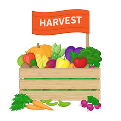 Harvest in a wooden box with the inscription on the label. Crate with autumn vegetables. Fresh Organic food from the farm. Vector illustration of the autumn harvest isolated on white background.