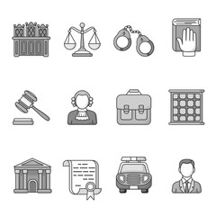 Set of law and justice icons. Black and White outlined icon collection. Judicial system concept. The judge, lawyer, scales, handcuffs, gavel, briefcase, court document, police car, prison grill.Vector