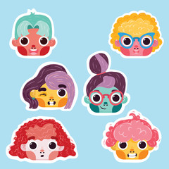 Set of vector cartoon kids faces. Colorful flat children boy and girl characters