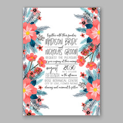 Wedding invitation template with watercolor winter  flower christmas wreath pine branch - obrazy, fototapety, plakaty