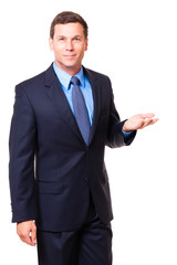 Businessman gesturing on White