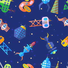 Bright extraterrestrial future city pattern in cartoon flat vector style.