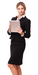Businesswoman with digital tablet on white