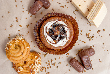 sweets, cake, wafer, candy, coffee, tea, cocoa, chocolate, caramel, cookies, pastries