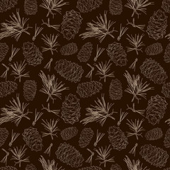 Seamless background from fir tree branches and fir cones