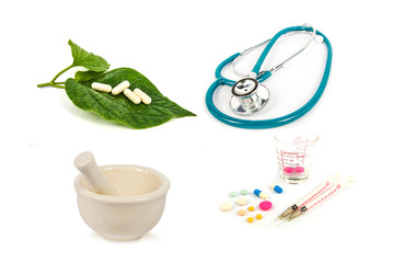 ceramic mortar,stethoscope,pill ,herb and syringe isolated on white background,abstract background for alternative medical or medical concept.