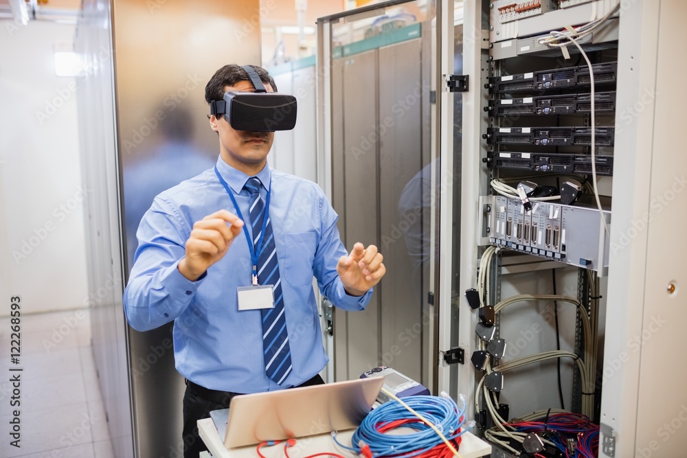Poster technician using visual reality headset