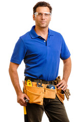 Contractor carpenter construction worker in blue polo shirt isolated on white background
