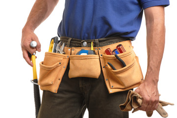 Contractor carpenter construction worker man with toolbelt isolated on white background for use alone or as a design element