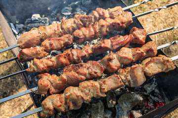 Marinated pork (aka shashlik) being cooked on a brazier