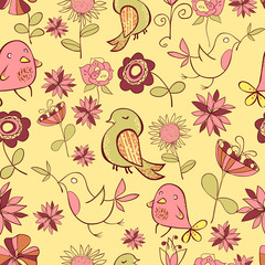 Pattarn Of Funny Colored Bird And Pink Flowers On A Yellow Backg