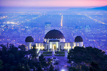Los Angeles Griffith Observaory at sunset with city and distant Catalina Island in background