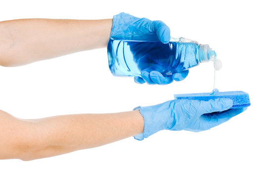 Woman Pouring Dishwashing Detergent On White