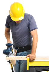 Construction Contractor Carpenter with Circular Saw on White