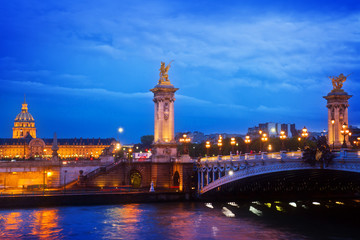 Fototapeta na wymiar Alexandre III Bridge at night in Paris, France toned
