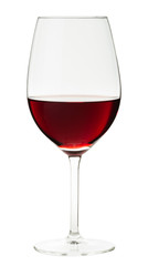 Single glass of red cabernet sauvignon pinot noir merlot malbec shiraz syrah wine with deep red glow isolated on white background