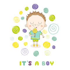Baby Shower or Arrival Card - Baby Boy with a Candy - in vector