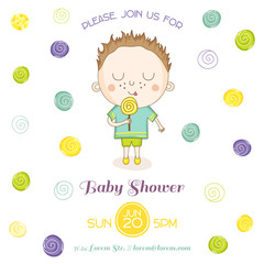 Baby Shower or Arrival Card - Baby Boy with a Candy - in vector