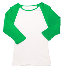 Women's green three-quarter sleeve baseball softball jersey t-shirt isolated on white background