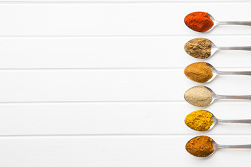 Various spices in spoons.