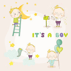 Set of Cute Baby Boy Illustrations - for Baby Shower or Arrival